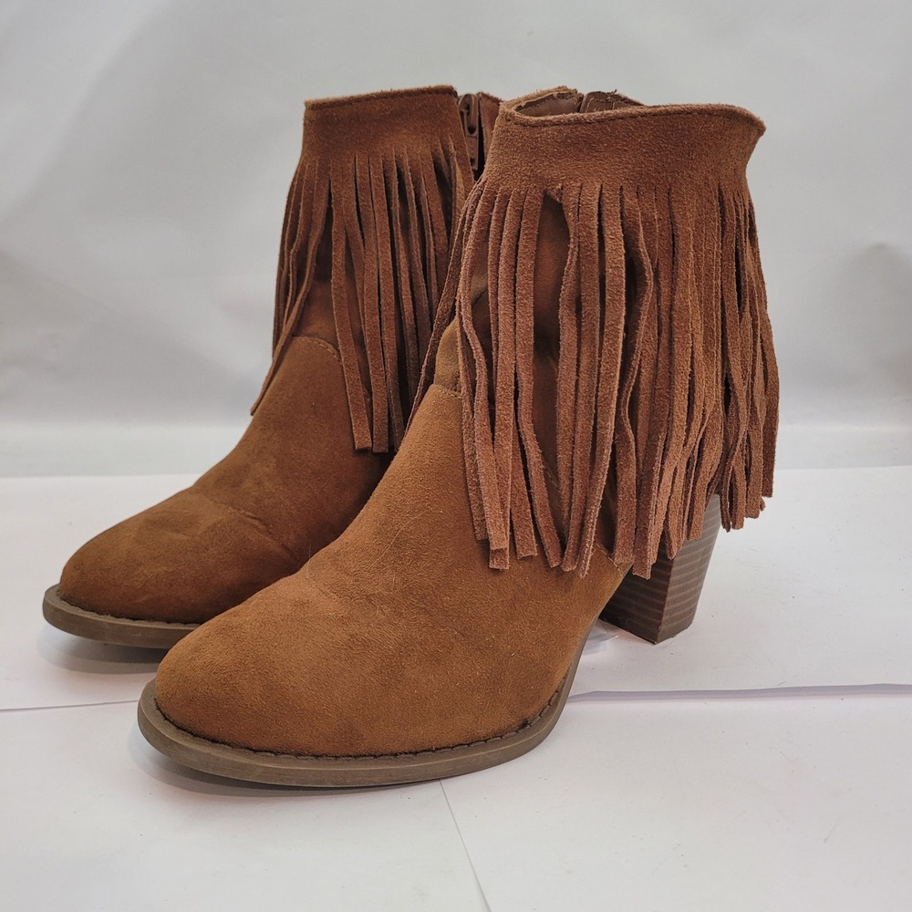 Target Fringe Ankle Boots Womens 6.5 Cognac Brown Leather Block Heel Booties